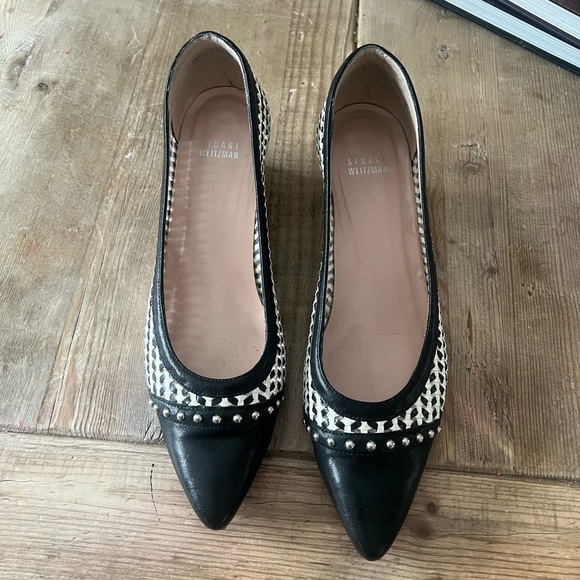 Stuart Weitzman Black and Cream Woven Wedges shoes - Picture 3 of 14